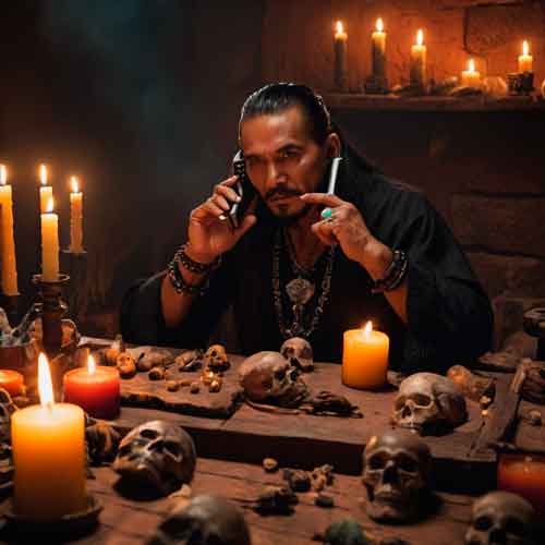 Chaman rodeado de calaveras y velas.